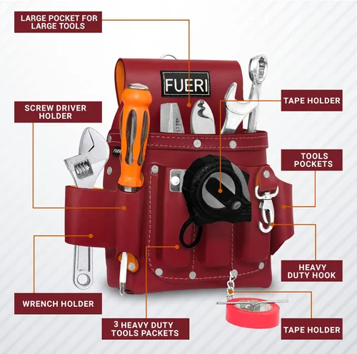Miniatura 7 de FUERI Bolsos de Herramientas de Cuero para Carpintero y Electricista, Cinturón Organizador de 4 Bolsillos Profesional de Alta Resistencia