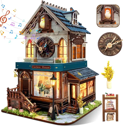 SUNNINO Kit de casa de muñecas en miniatura, rompecabezas de madera 3D de cuco para adultos, kit de construcción de mini casa con 3 modos de