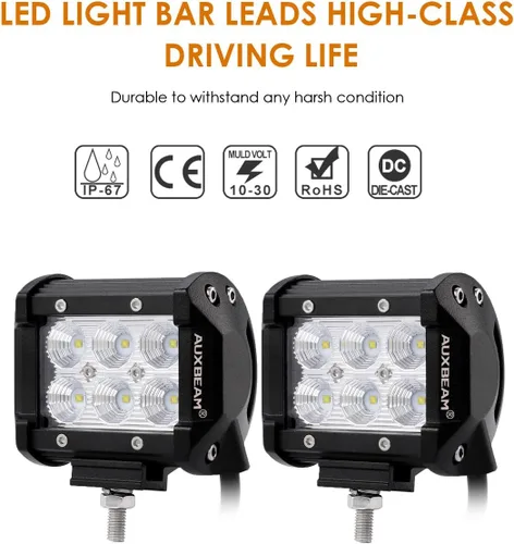 Miniatura 9 de Auxbeam Barra de luz LED de 4 pulgadas, 18 W, 18 W, haz de inundación, luz de conducción todoterreno para SUV, ATV, UTV, camiones, camionetas