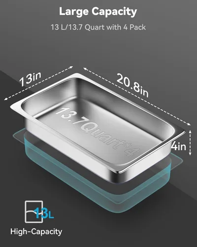 Miniatura 4 de ZeroPone 4 paquetes de sartenes de hotel con tapas, tamaño completo 4" de profundidad, sartén de mesa de vapor de acero inoxidable de 19 calibres
