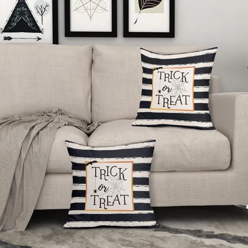 Miniatura 7 de Kawani Juego de 2 fundas de almohada de Halloween con diseño de truco o trato de 16 x 16 pulgadas, diseño de rayas blancas y negras, fundas