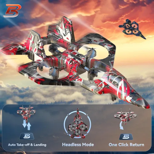Miniatura 2 de BEZGAR Avión RC, avión de control remoto de espuma, dron para niños, avión RC para niños y niñas, helicóptero jet de combate con luces LED, Rojo