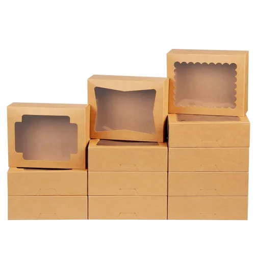 NPLUX Cajas de galletas para panadería con ventana de 8 x 6.5 x 2.5 pulgadas, cajas de pastelería para regalo (paquete de 24, marrón)