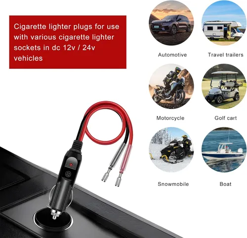 Miniatura 5 de Enchufe macho para encendedor de cigarrillos fusionado, adaptador de enchufe de encendedor de cigarrillos de 12 V 24 V con cables y luz LED, kit