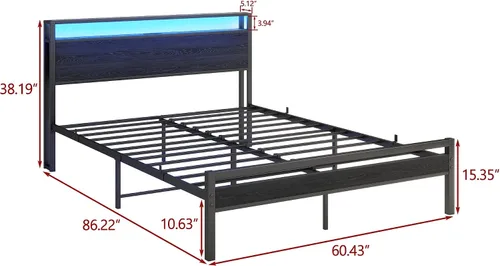 Miniatura 2 de BOFENG Base de cama Queen con cabecera de almacenamiento, marco de cama de plataforma de metal tamaño Queen con luces LED, estación de carga,