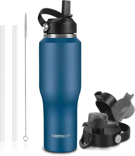 Miniatura 24 de ABOTOCUP Botella de agua de 40 onzas, botella de agua aislada con asa y tapas con popote, botella de agua de acero inoxidable que cabe en cualquier