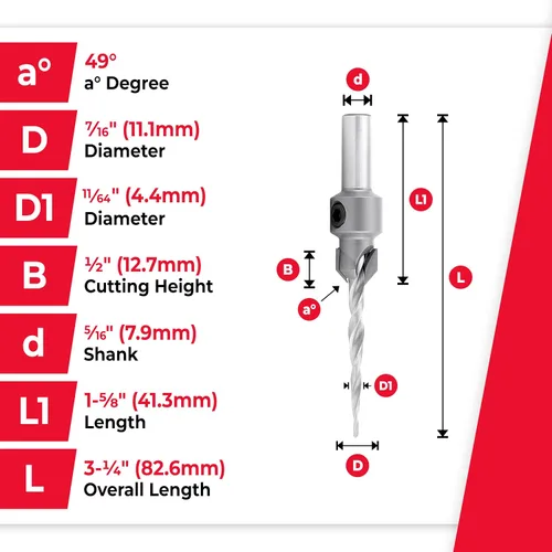 Miniatura 4 de Amana Tool Broca cónica avellanadora con punta de carburo de 82 grados, 55608, 8 tornillos, 7/16 D x 11/64 de diámetro x vástago redondo de 5/16