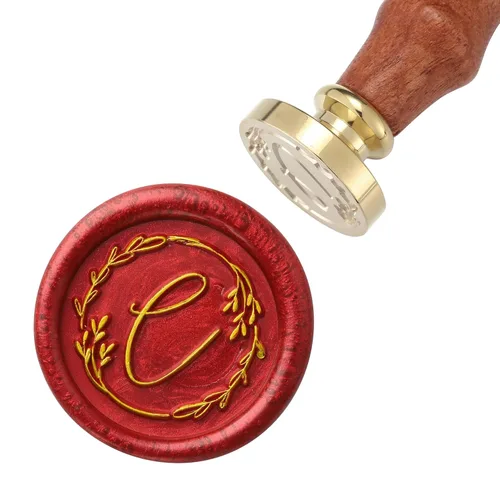 Miniatura 2 de Yoption Sello de cera escrito a mano, letra C, alfabeto inicial vintage con sello de cera de sellado de rama de olivo
