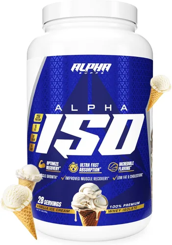 Alpha Supps ISO - Polvo aislado de proteína de suero de leche 100% bajo en carbohidratos, 0.88 onzas por porción, ayuda a apoyar el crecimiento
