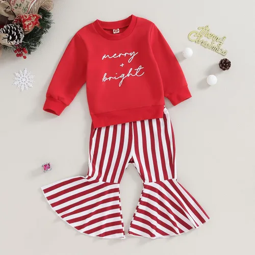 Miniatura 7 de Kupretty Ropa de otoño e invierno para bebé niña, sudadera con cuello redondo y pantalones acampanados a rayas, conjunto de trajes de Navidad
