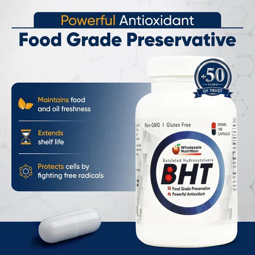 Miniatura 2 de Wholesale Nutrition BHT - 250 mg Potente antioxidante - Sin OMG, sin gluten - Mejora la conservación de aceite/grasa - Hidroxitolueno butilado puro