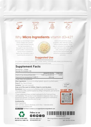 Miniatura 2 de Micro Ingredients Vitamina D3 50,000 UI + K2 MK-7 200 mcg, 240 cápsulas blandas Aceite de coco virgen Apoyo óseo, inmune y del corazón 2 en 1