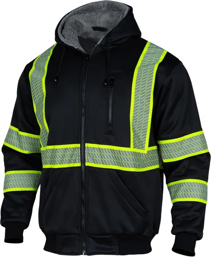 VENDACE Sudadera con capucha para hombre, ANSI Clase 3, alta visibilidad, reflectante, de lana, con cremallera, con parte inferior negra (negro, 3XL)