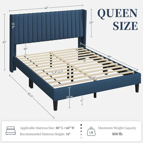 Miniatura 2 de Yaheetech - Base de cama queen con plataforma tapizada y cabecera de tela, diseño de borde ala, antideslizante y silenciosa, soporte de listones