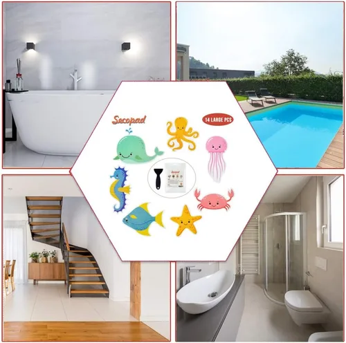 Miniatura 7 de Secopad Calcomanías antideslizantes para bañera, 14 piezas grandes de adhesivo marino para niños, calcomanías antideslizantes para ducha y bañera