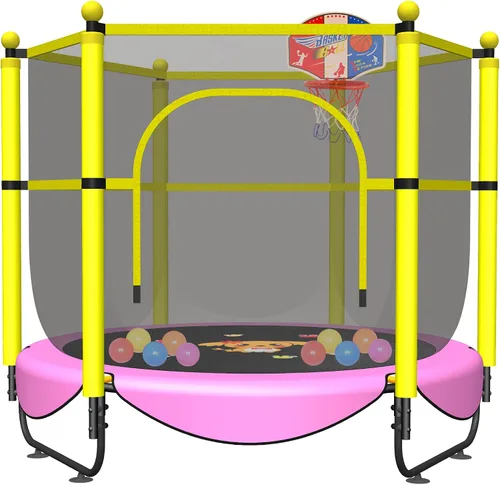 VGMiu Trampolín de 60 pulgadas para niños, cama elástica de 5 pies para interiores y exteriores con aro de baloncesto, recinto de seguridad, regalos