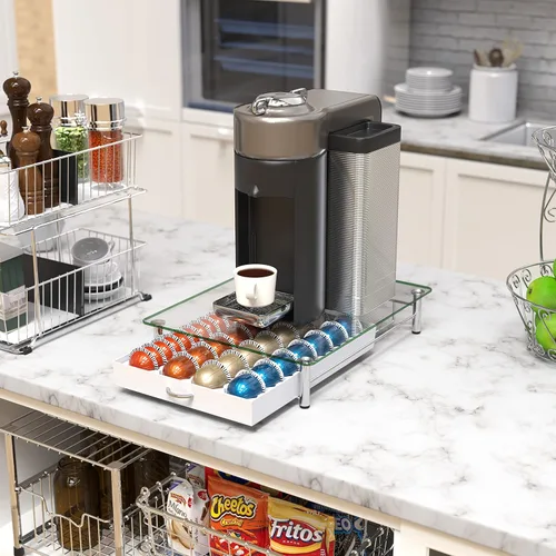 Miniatura 2 de DecoBrothers Cajón Organizador de Cápsulas de Vidrio Templado de Cristal Vertuo, Organizador de 28 Cápsulas Grandes o 56 Pequeñas Nespresso, Blanco
