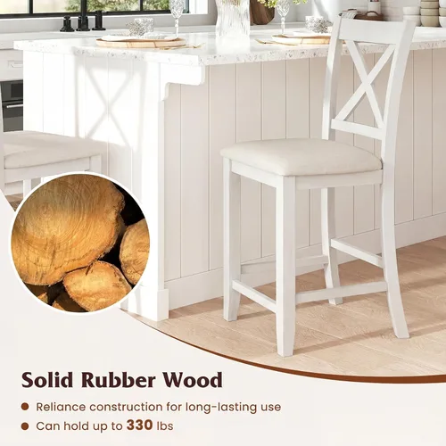 Miniatura 5 de Giantex 24" Bar Stools Set of 2, Farmhouse Counter Height Barstools w/Footrest, Cross Back, Comfortable Linen Cushion, Upholstered Wood Bar Chairs
