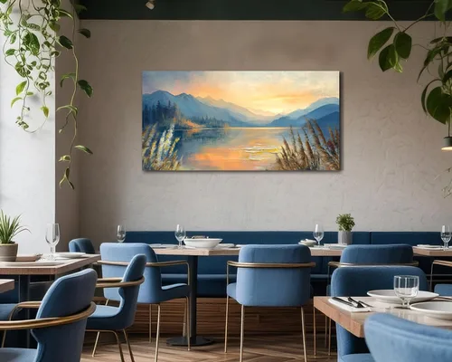 Miniatura 5 de Arjun Pintura de paisaje, puesta de sol, montaña, lago, lienzo, arte de pared, enmarcado grande, 40 x 20 pulgadas, azul suave, cálido, sereno
