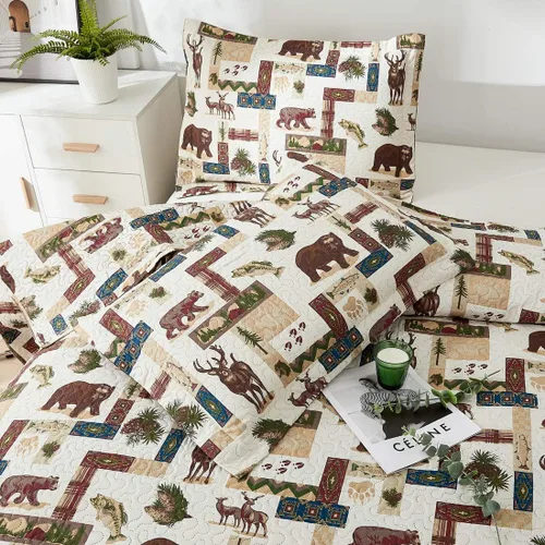 Miniatura 4 de Juego de edredón rústico de alce tamaño matrimonial/queen, colcha estilo lodge ligera de verano para cabaña, ropa de cama de campo, oso del bosque