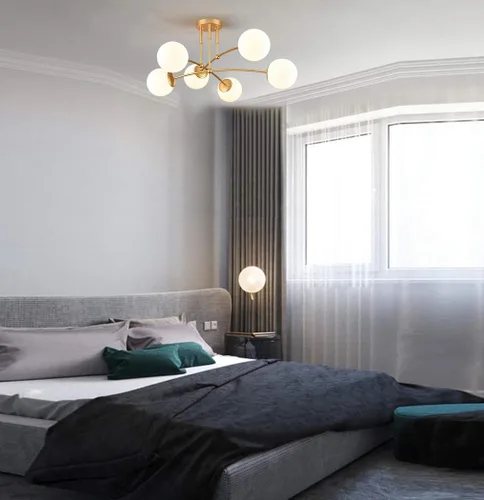 Miniatura 2 de CLAXY - Lámpara de techo dorada de mediados de siglo, semiempotrada, lámpara de globo de ópalo Dimmable 6-Light Sputnik Ceiling Chandelier E26