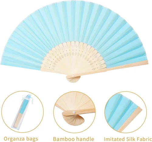 Miniatura 2 de Sepwedd 50pcs azul imitación seda tela bambú plegable mano ventilador novia baile accesorios iglesia boda fiesta favores con bolsas de organza
