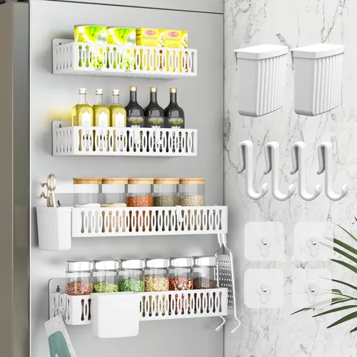 Miniatura 16 de Sevenblue Paquete de 4 estantes magnéticos para especias para refrigerador, organizador de estantes para especias, estante magnético móvil Blanco
