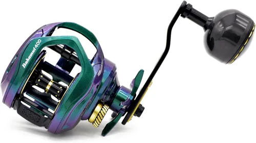 Bahamut 400 carretes de pesca de baitcasting, pintura camaleón, rodamientos de acero inoxidable 10+1, arrastre de carbono de 35 libras, mango de