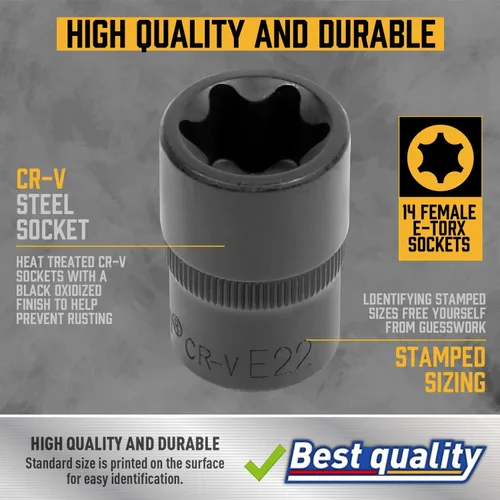Miniatura 2 de Amartisan 14 PC E-Torx Star Socket Set/Rail, 1/4" 3/8" 1/2" Drive, E24 Juego de zócalos de par externo