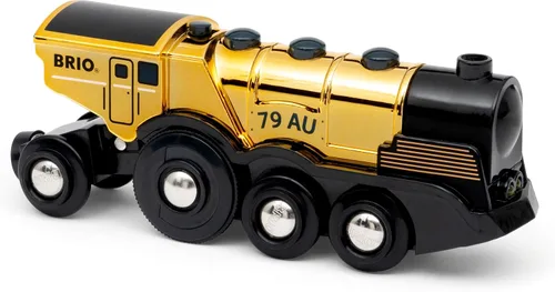Miniatura 4 de Locomotor de acción dorada potente BRIO World - Tren de juguete a batería para pista de madera - Tren motorizado con luces y sonido - Funciona