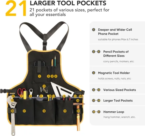 Miniatura 2 de Delantal de herramientas de trabajo para hombres y mujeres, longitud del torso con 21 bolsillos para herramientas, delantal de lona duradero, Naranja
