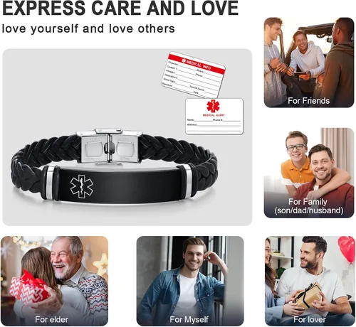 Miniatura 2 de MEALGUET Pulseras médicas personalizadas para hombres: grabado gratuito de acero inoxidable negro y cuero trenzado pulsera de alerta médica