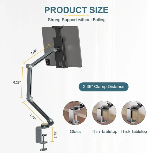 Miniatura 4 de Houele Soporte y Base para Tableta, Brazo Plegable Ajustable para Tableta iPad Soporte de Escritorio con Base Giratoria de 360°, Soporte para Gris