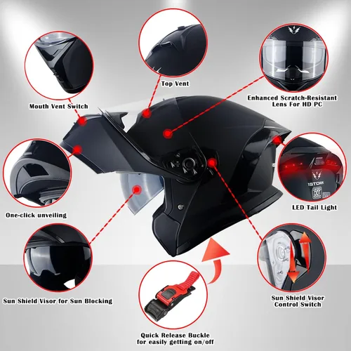 Miniatura 4 de 1Storm Nuevo Casco Modular de Motocicleta con Visera Dual, Protección Solar Completa y Luz Trasera LED Recargable: LED-X90 Flecha Azul