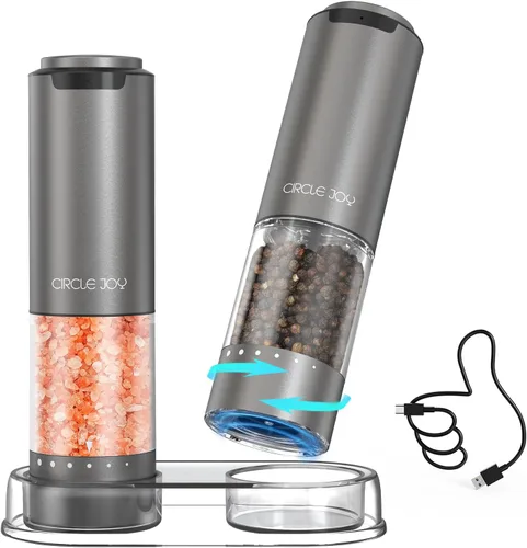 Miniatura 11 de CIRCLE JOY Juego de molinillo de sal y pimienta eléctrico recargable con base, molinillos de pimienta de acero inoxidable con contenedor de 95ml