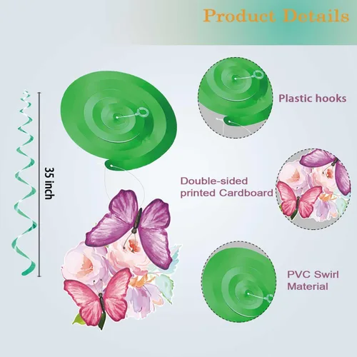 Miniatura 5 de Decoraciones colgantes de primavera para el hogar, remolinos colgantes de flores de mariposa, 30 piezas de serpentinas colgantes de techo