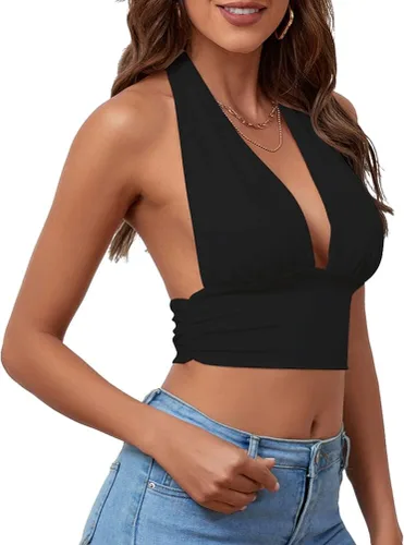 Miniatura 3 de Rooscier Top corto sin mangas con cuello en V profundo para mujer, espalda descubierta
