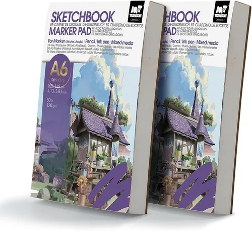TRANSON 2 Pack A6 Mini Sketchbook Marker Pad, 80lb/120gsm Heavyweight Art Paper, No Bleed Through, 100 Sheets/200 Pages 4.13"x5.83" for Drawing &