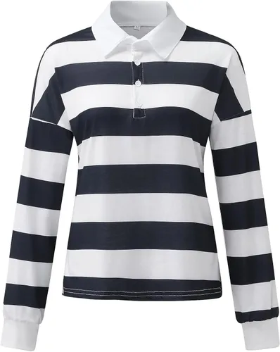 Miniatura 5 de Camiseta de manga larga con botones y cuello de solapa y estampado a rayas para mujer