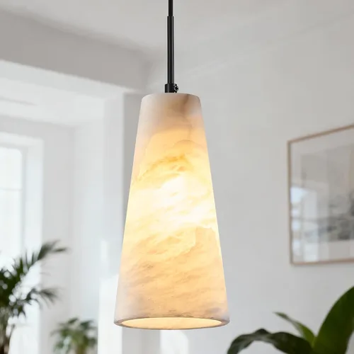 Miniatura 9 de Luces colgantes de alabastro natural, isla de cocina, pantalla cónica de mármol blanco, modernas lámparas de techo negras para mesa de comedor, sala