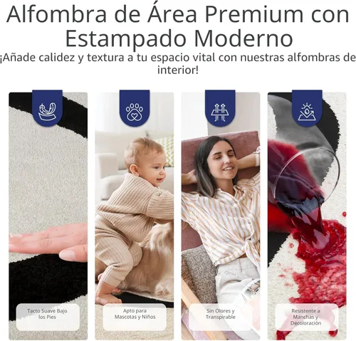 Miniatura 5 de Abani Alfombra abstracta de color beige/negro, 4 x 6 pies, diseño moderno de línea curva, colección Deco, fácil de limpiar, duradera para zonas