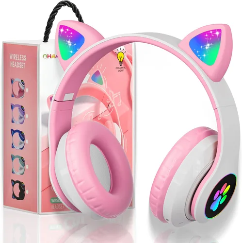 Miniatura 18 de Auriculares Bluetooth con cancelación de ruido para niños, auriculares plegables con forma de orejas de gato y luz LED, auriculares con orejas