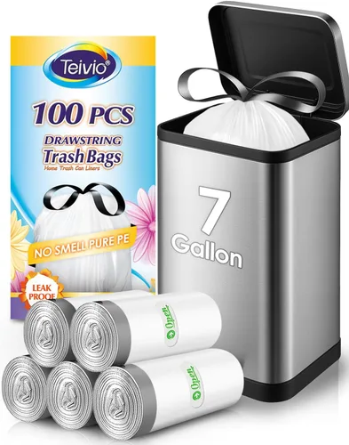 Miniatura 22 de Bolsas de basura con cordón de Teivio, 1.6 galones, 120 unidades, bolsas de basura resistentes, tamaño mediano, para papeleras de cocina y baño