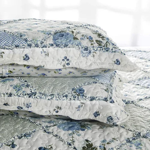 Miniatura 6 de VIVILINEN Juego de edredón de retazos florales azules, tamaño matrimonial, juego de ropa de cama de 3 piezas con 2 fundas de almohada