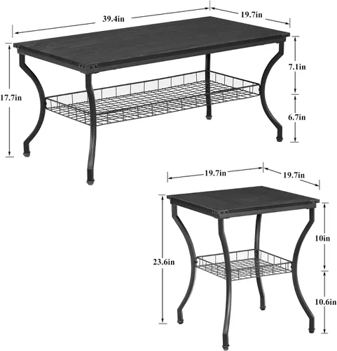 Miniatura 6 de Juego de 3 mesas de sala de estar VECELO, mesa de centro y mesas de rincón con estantes de almacenamiento abiertos para apartamento, oficina en Negro