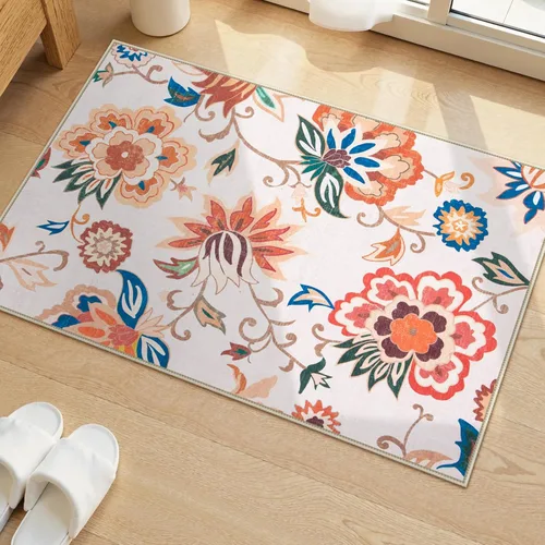 Beeiva Alfombras florales de entrada, lavables para interiores, ultra fina, de 2 x 3 pies, antideslizante, para cocina, tapete de cachemira suave