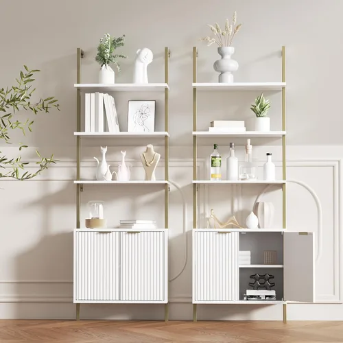 Miniatura 11 de Estantería de escalera con gabinete, estantería de pared de 71 pulgadas de alto con estantes y almacenamiento, estante de escalera estriado