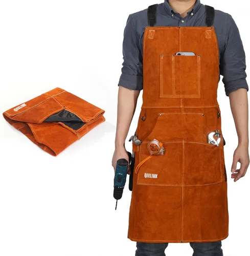 Delantal de trabajo de soldadura de cuero QeeLink con 6 bolsillos para herramientas, delantales de soldador resistentes al calor y a las llamas, 24"