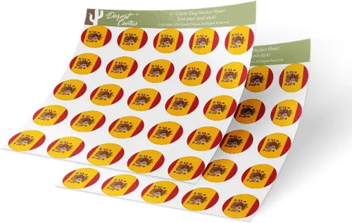Desert Cactus Adhesivo de vinilo con la bandera de España, diseño redondo, 2 hojas, 50 piezas en total, con logotipo de niños, álbum de recortes,