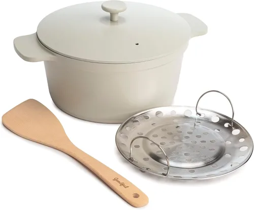 Goodful Olla todo en uno, antiadherente multicapa, horno holandés fundido de alto rendimiento con tapa a juego, estante para asar y girador, Lino